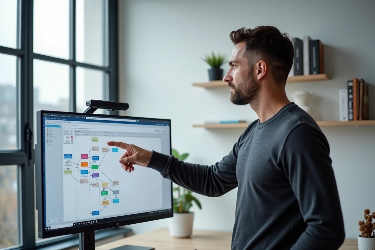 Homme analysant la structure hiérarchique d'un plan de site web sur un grand écran dans un bureau à domicile minimaliste