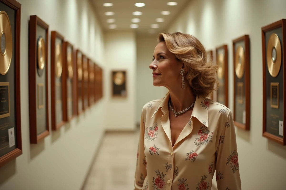 Artiste pop féminine devant un mur de disques d'or évoquant la carrière de Lio