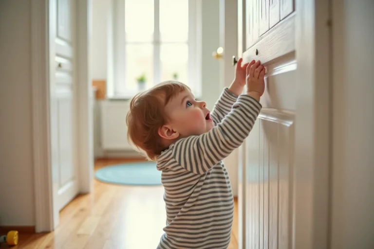 Bébé curieux attrapant la poignée de porte intérieure