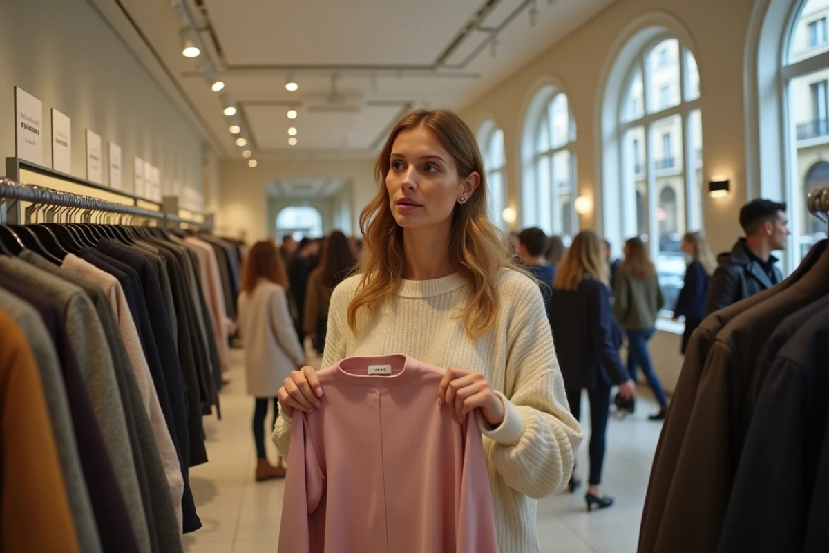 Femme européenne comparant des étiquettes de prix Zara dans une boutique parisienne, différences de prix Zara Europe