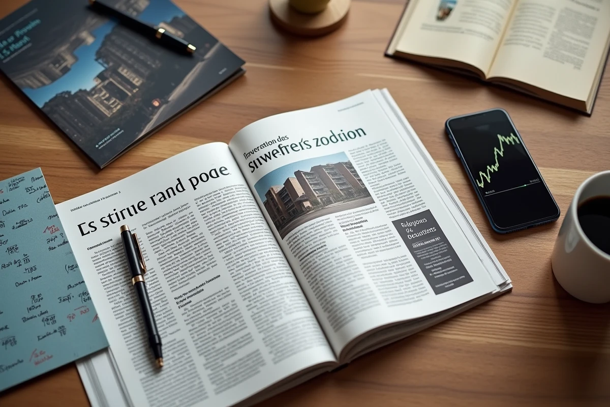 Bureau avec magazine financier, smartphone boursier et notes manuscrites sur les SIIC et le PEA