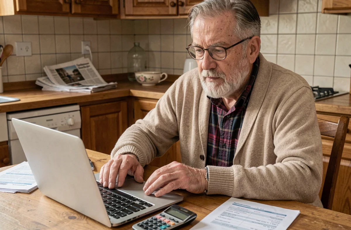 Homme de 62 ans calculant sa retraite avec un simulateur en ligne et ses fiches de salaire dans sa cuisine