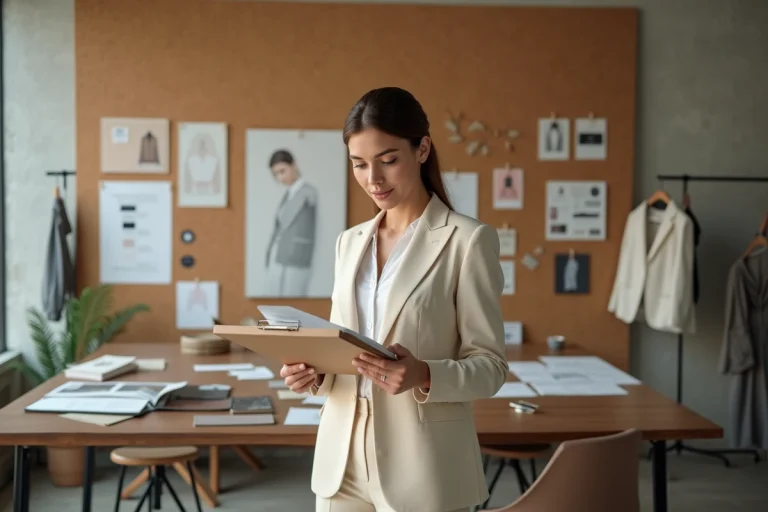 Chef de produit mode dans un studio créatif entourée de planches d'inspiration et d'échantillons de tissu