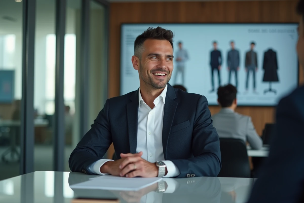 Jeune chef de produit masculin en réunion de présentation de collection dans un bureau de mode contemporain