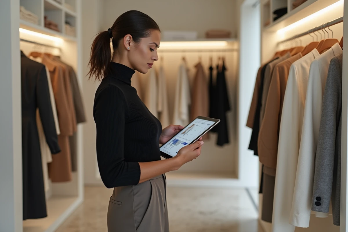 Cheffe de produit mode analysant une collection dans un showroom élégant avec des portants de vêtements