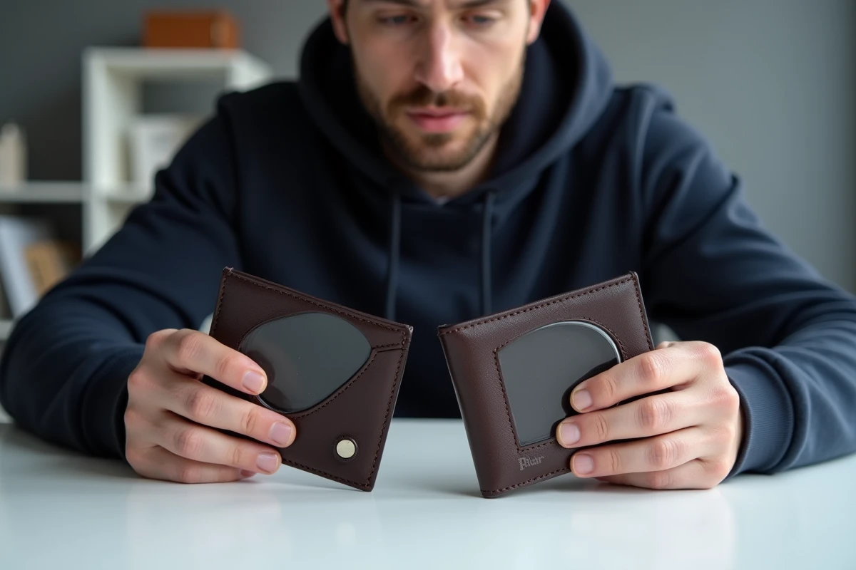 Comparaison côte à côte de deux portefeuilles en cuir pour détecter une contrefaçon achetée sur Zalando