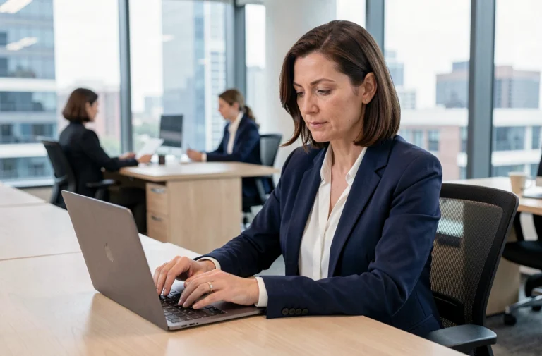 Femme professionnelle connectée à son webmail Alice Zimbra depuis un ordinateur portable au bureau