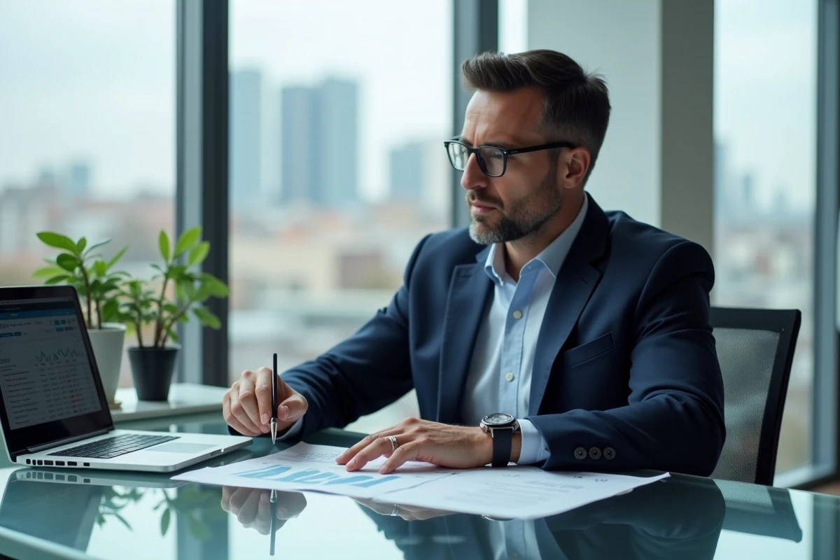 Conseiller financier analysant des documents boursiers liés à l'éligibilité d'une action au PEA