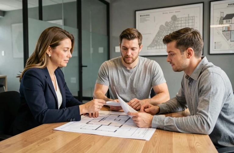Conseillère immobilière expérimentée accompagnant un couple dans l'étude de plans d'architecture dans une agence moderne