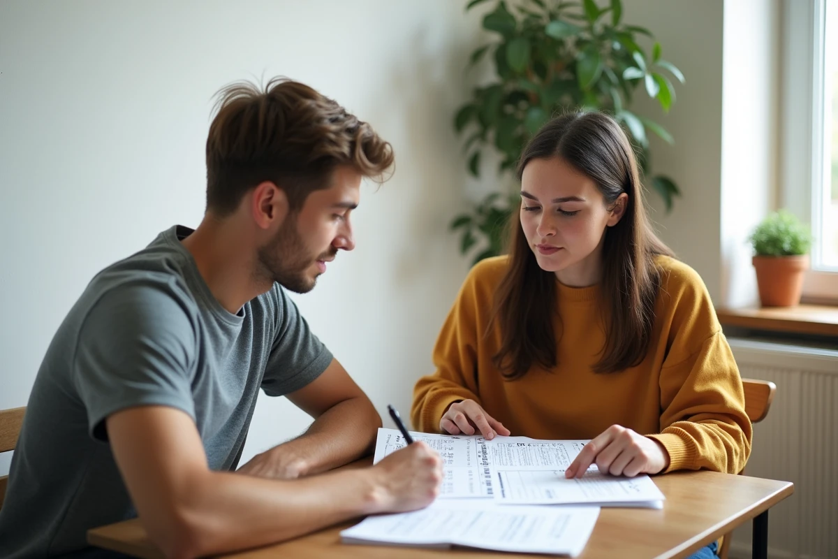 Couple consultant le calendrier de versement du chèque alimentaire CAF à domicile