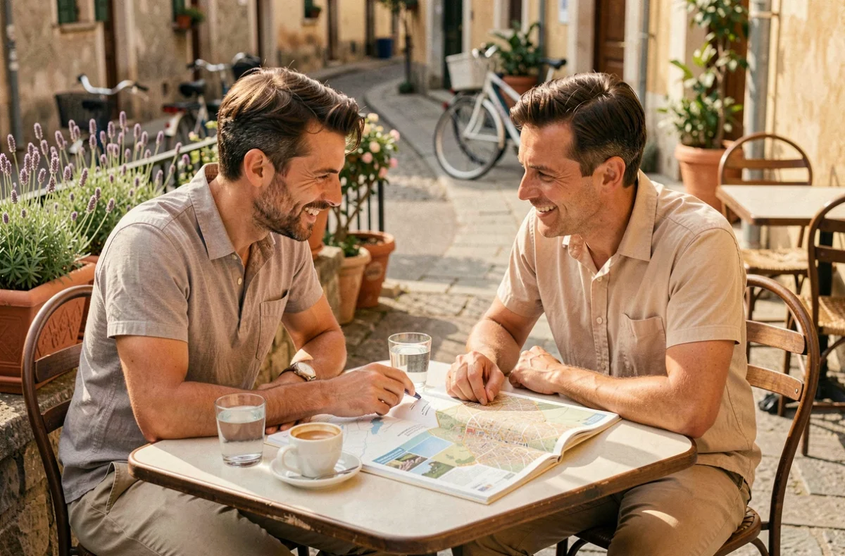 Couple planifiant leur voyage ensemble autour d'un guide touristique et d'une carte en terrasse de café