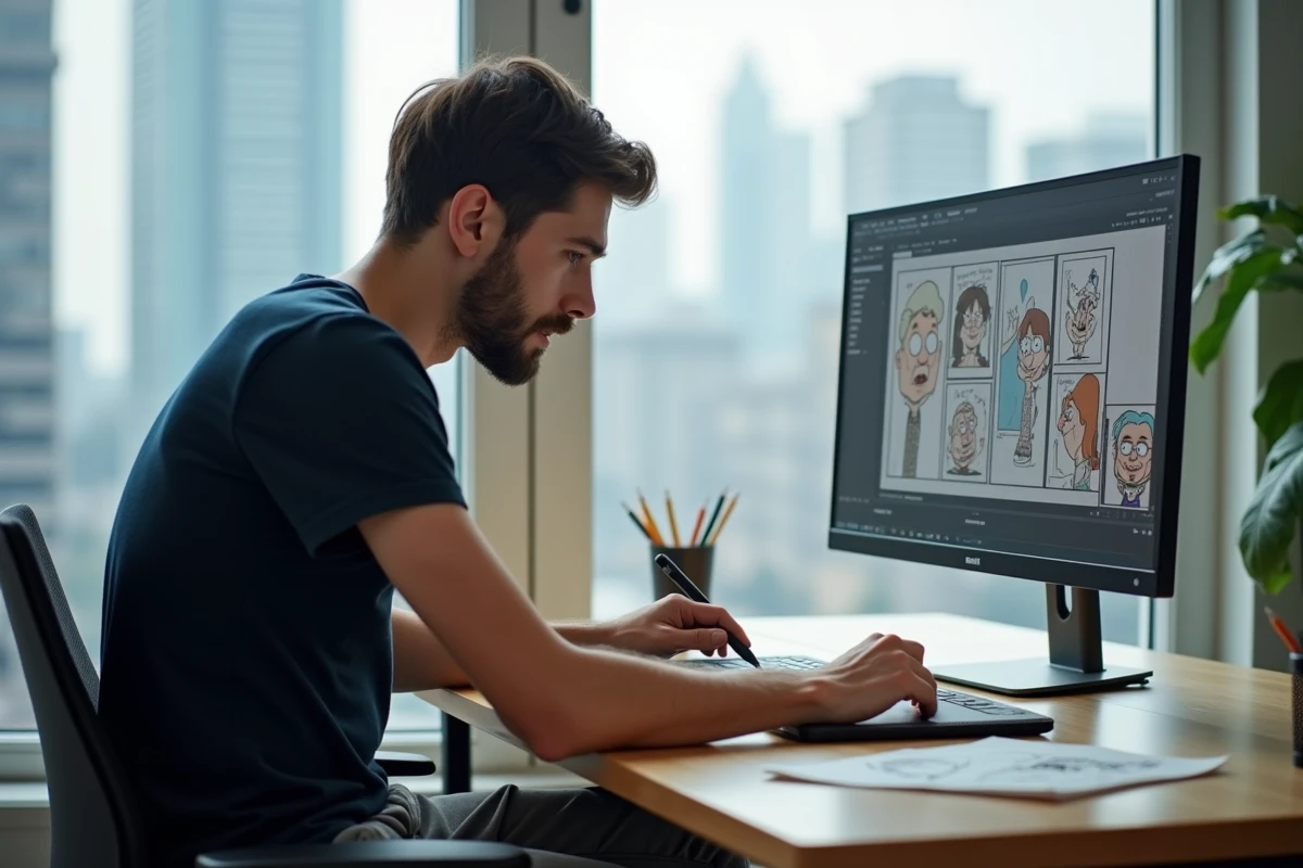 Jeune créateur de webtoons travaillant sur une tablette graphique dans un bureau moderne, représentant l'essor de la création de contenu sur des plateformes comme Manytoon