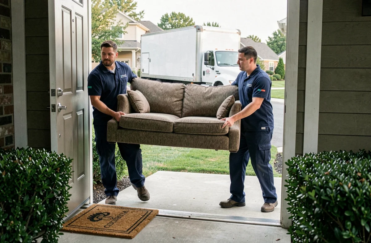 Deux déménageurs professionnels portant un canapé hors d'une maison avec un camion de déménagement en arrière-plan