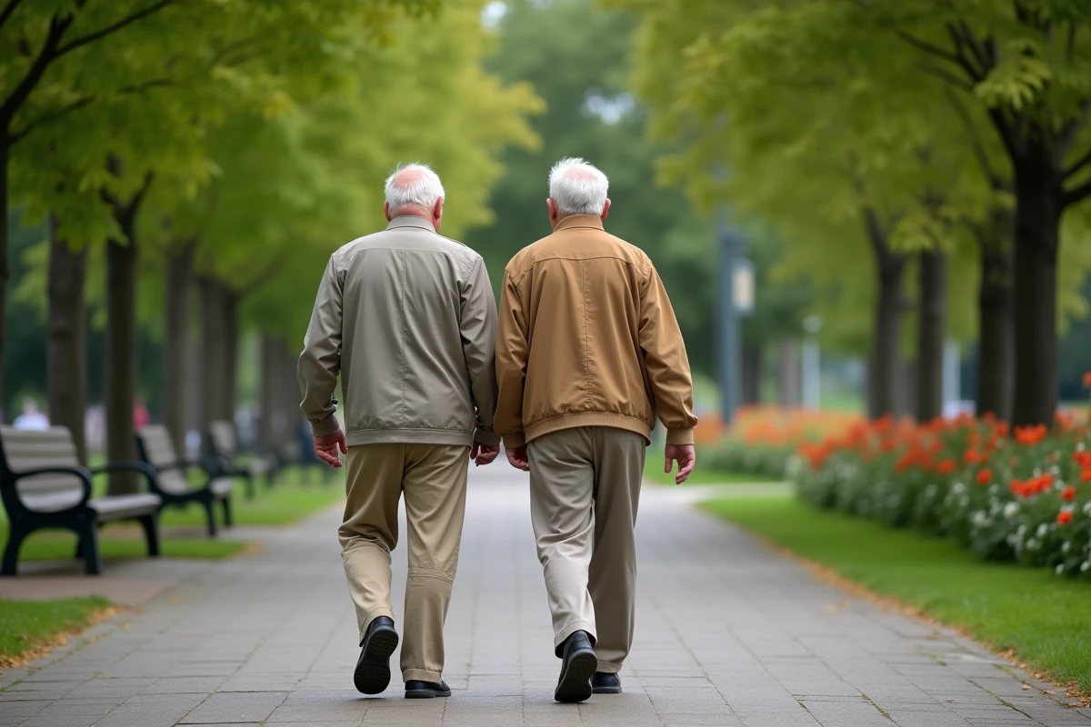 Deux hommes ages marchant dans un parc en discutant