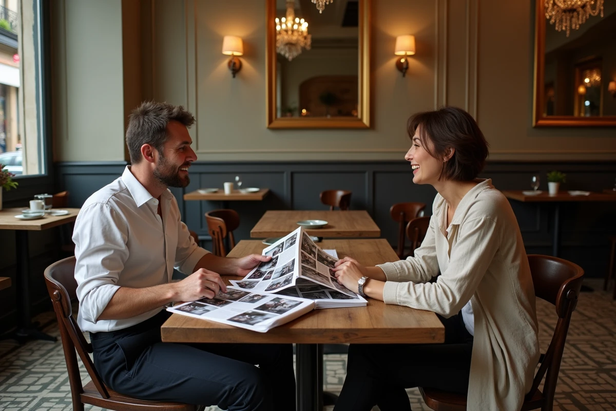 Duo artistique en discussion créative dans un café parisien, évoquant la collaboration entre Igor Tikovoi et Lio