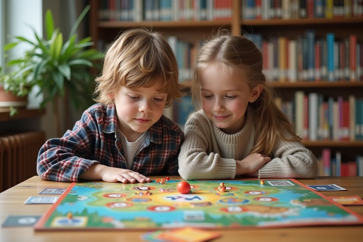 Deux enfants jouant à un jeu de société dans une bibliothèque, activités ludiques et éducatives pour la jeunesse