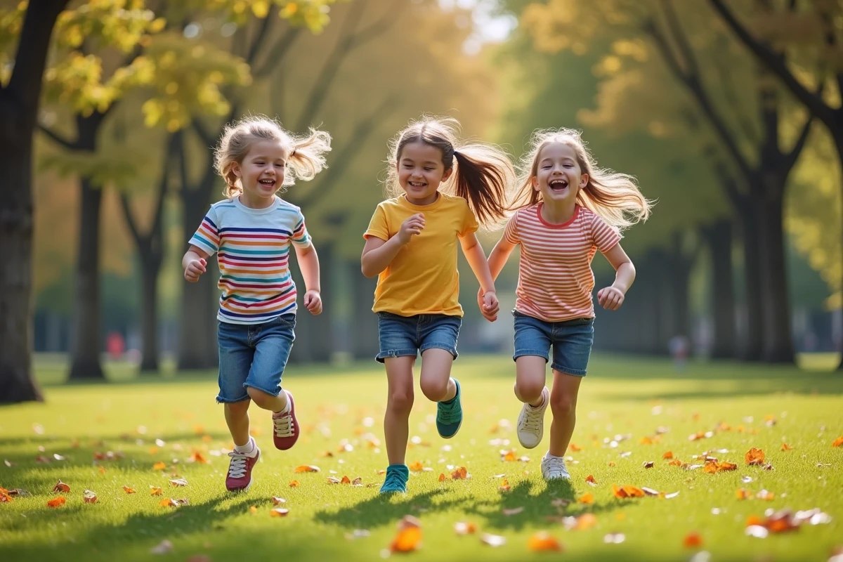 Groupe d'enfants qui courent et rient dans un parc en automne, activités de loisirs jeunesse en plein air