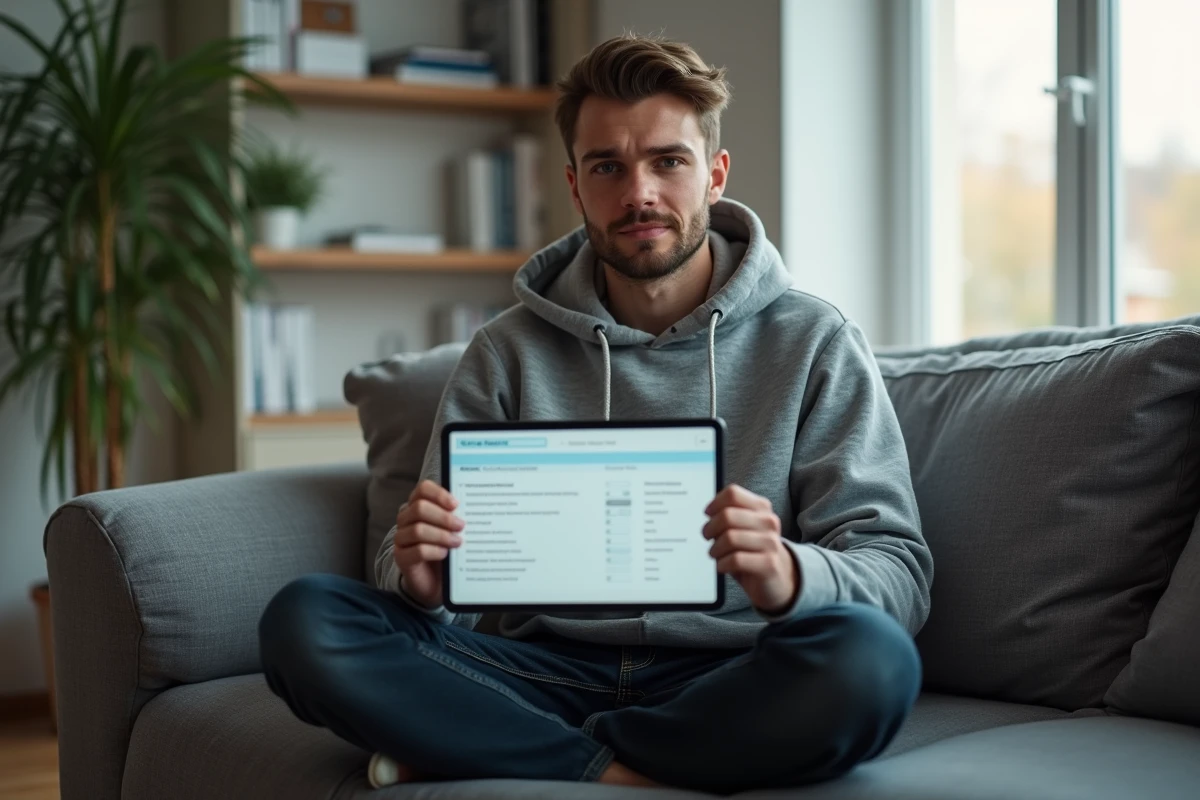 Étudiant en médecine consultant ses résultats de concours ECN sur une tablette dans un appartement