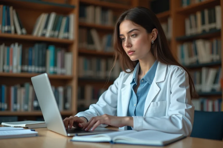 Étudiante en médecine consultant la plateforme Celine CNG sur un ordinateur portable dans une bibliothèque universitaire