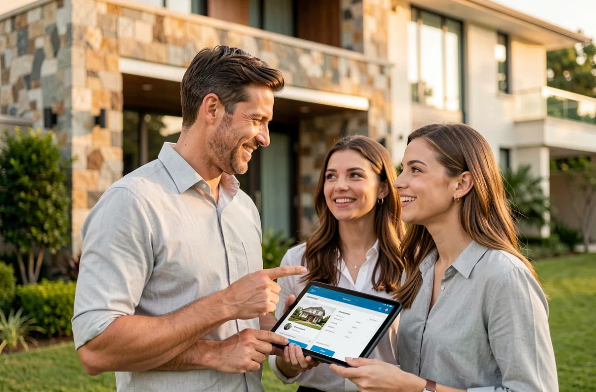 Expert immobilier présentant une maison contemporaine à un couple de futurs acheteurs lors d'une visite extérieure