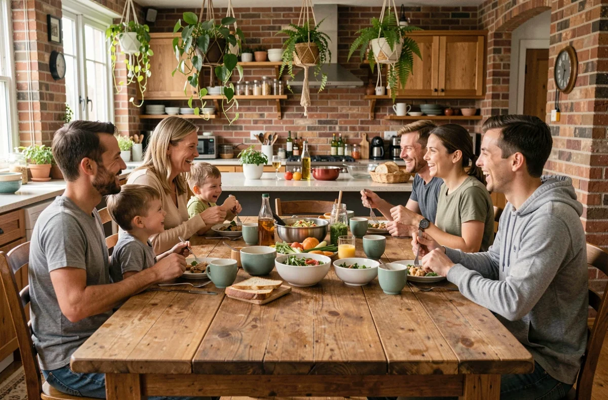 Grande famille nombreuse réunie autour d'un repas convivial dans une cuisine chaleureuse
