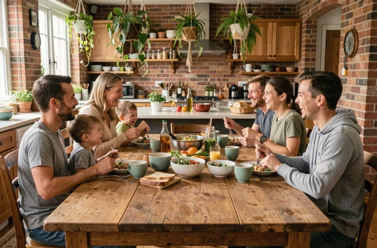 Grande famille nombreuse réunie autour d'un repas convivial dans une cuisine chaleureuse