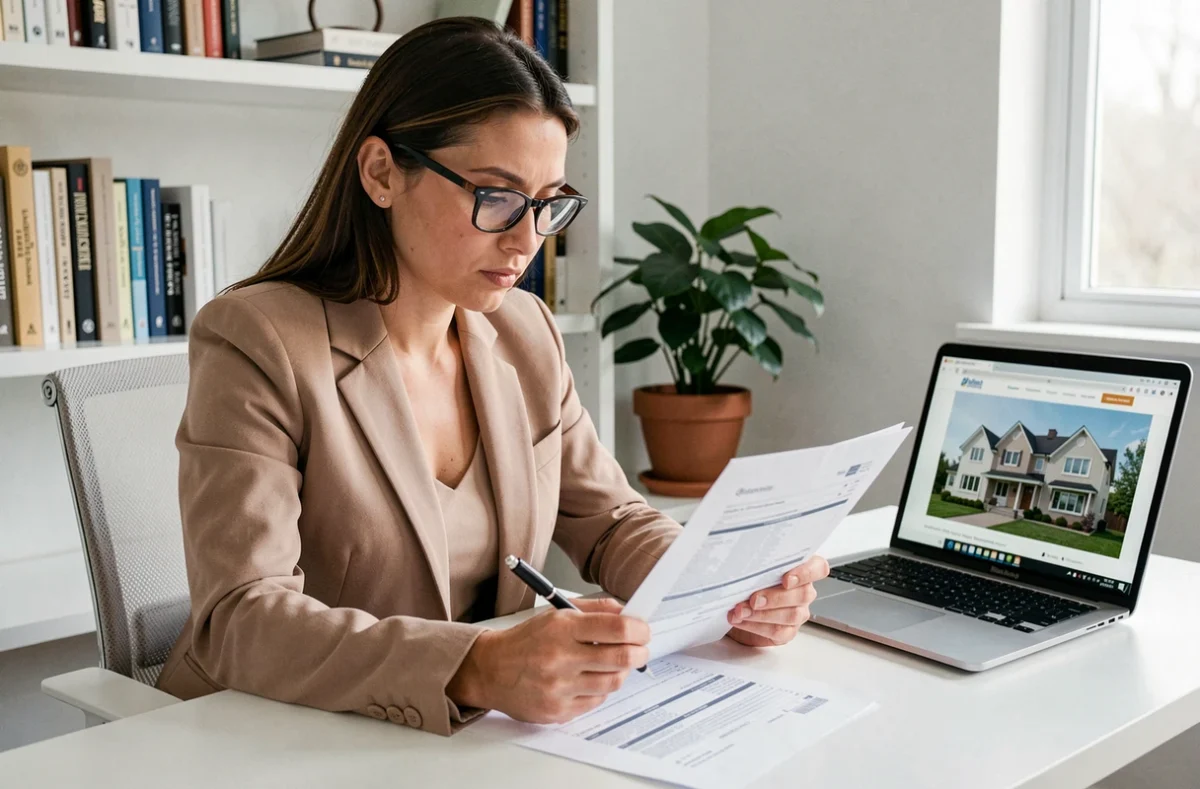 Femme autonome analysant un contrat immobilier à son bureau à domicile avec attention et expertise