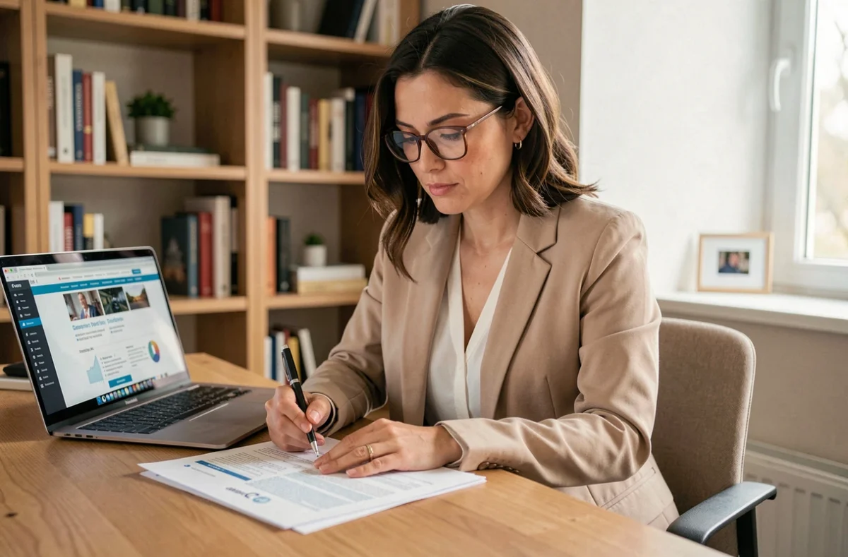 Femme consultante examinant des documents d'assurance auto à son bureau à domicile, stylo en main