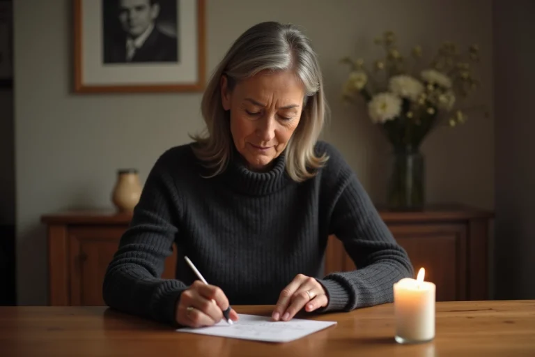 Femme méditant une carte de condoléances dans un intérieur