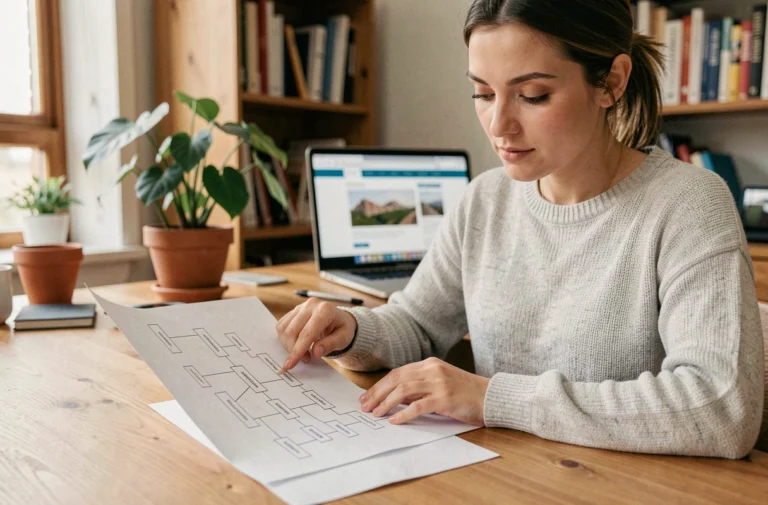 Femme consultant un sitemap imprimé pour mieux naviguer sur un site web