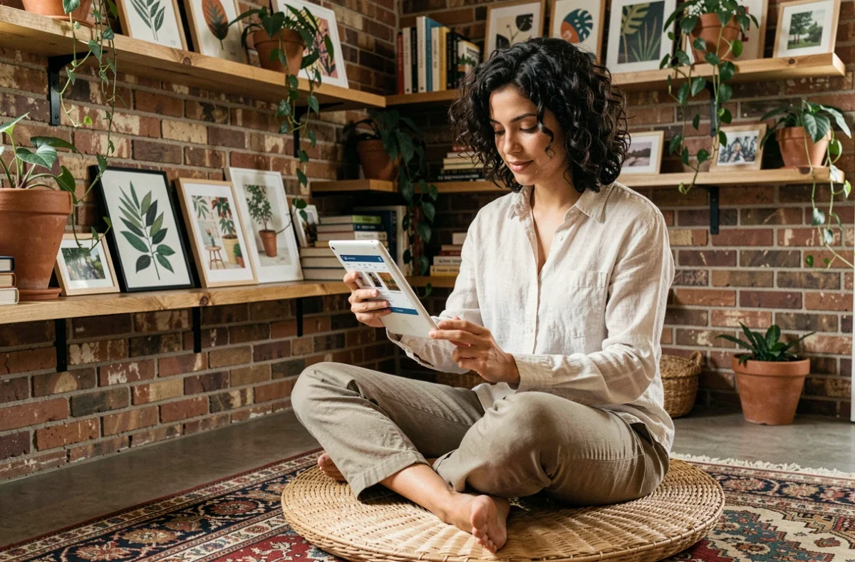 Jeune femme parcourant des idées de déco en ligne sur tablette dans un bureau bohème avec mur en briques et étagères décoratives