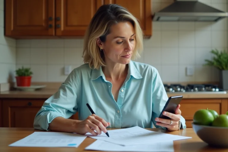 Femme consultant un calendrier CAF et des documents d'aide alimentaire dans sa cuisine