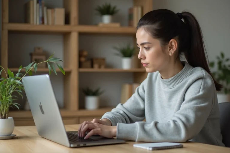 Femme concentrée suivant une formation digitale sur son ordinateur portable dans un bureau moderne à domicile