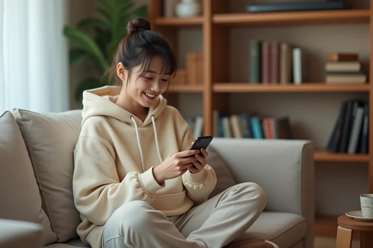 Jeune femme lisant des webtoons sur smartphone dans un appartement cosy, illustrant la popularité croissante des plateformes de webtoons comme Manytoon en 2026