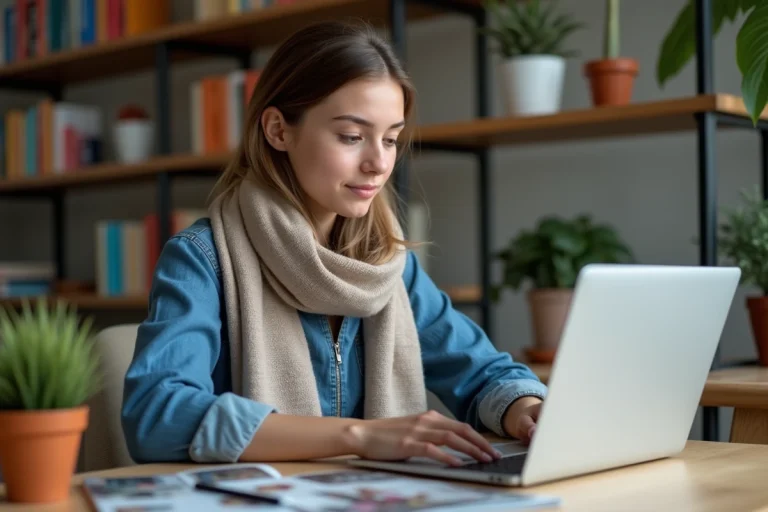 Jeune femme lisant des magazines numériques sur son ordinateur