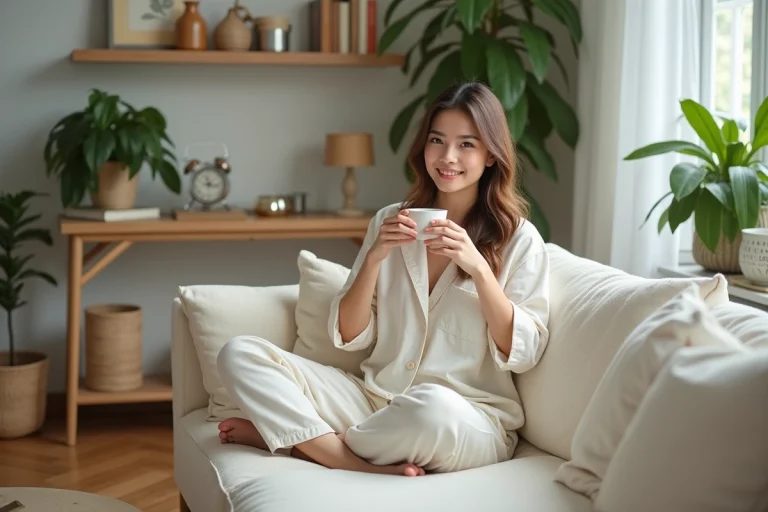 Femme détendue en loungewear buvant une tisane dans un salon lumineux