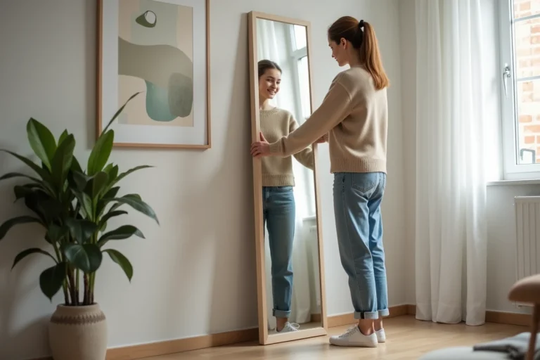 Jeune femme ajustant un grand miroir dans un salon moderne