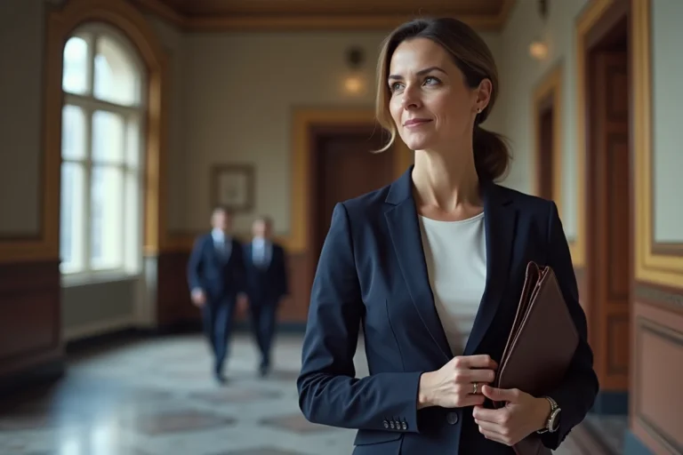 Femme politique française en costume marine dans un couloir institutionnel, tenant un portfolio en cuir, illustration d'un contexte politique officiel