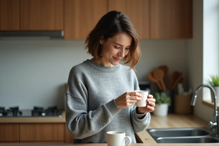 Femme remplissant un pod réutilisable de café dans la cuisine