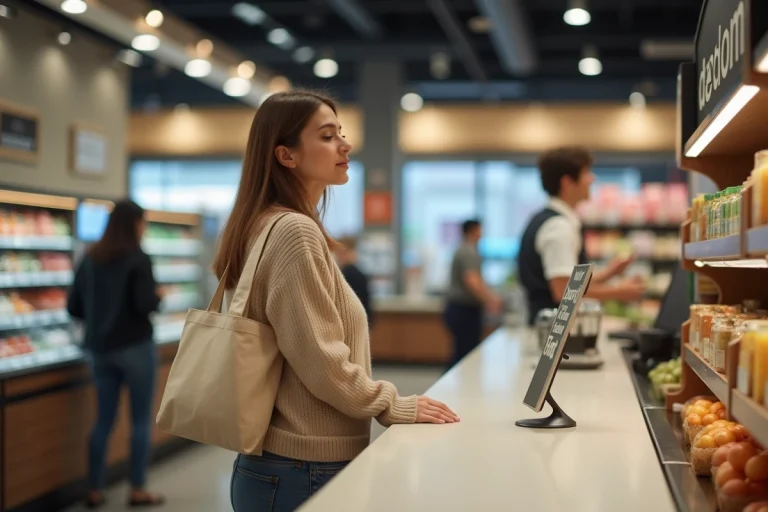 Femme avec sac réutilisable au supermarche pour le depot