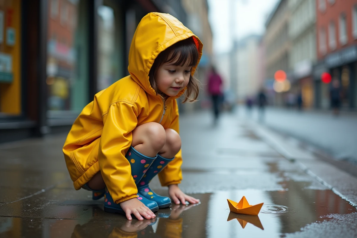 Jeune fille en imperméable jaune jouant avec un bateau en papier dans une flaque d'eau en ville, activité créative enfant