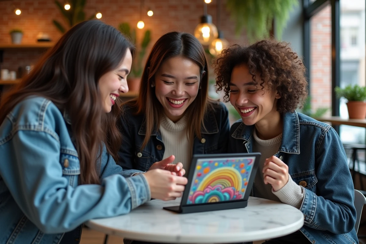 Groupe d'amis partageant leur passion pour les webtoons autour d'une tablette dans un café branché, symbolisant la communauté grandissante des fans de Manytoon en 2026