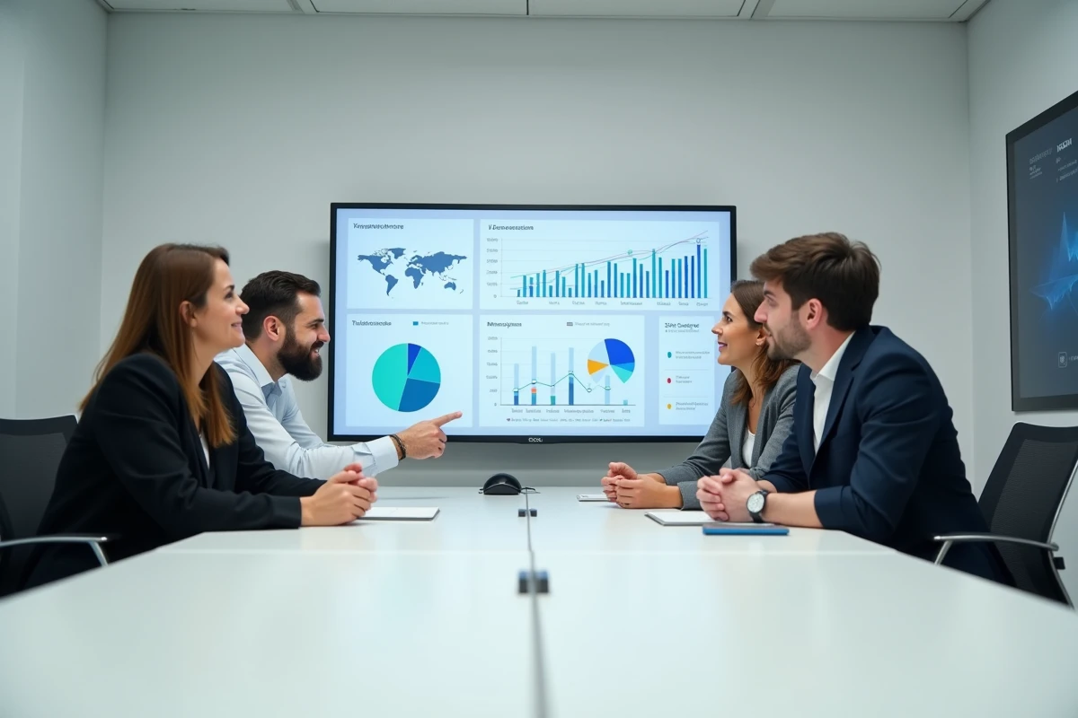 Groupe de professionnels en atelier de formation digitale autour d'un écran affichant un tableau de bord de données