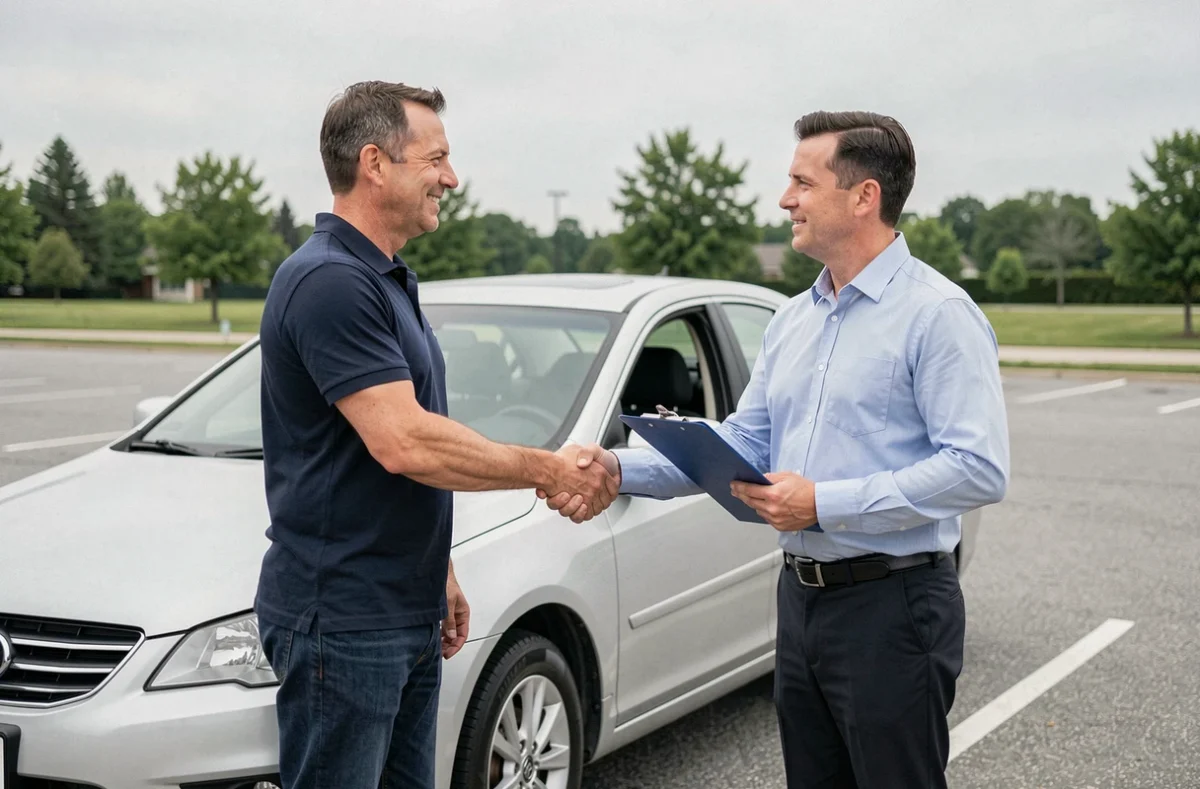 Un homme et un agent d'assurance auto signant un contrat à côté d'une voiture dans un parking