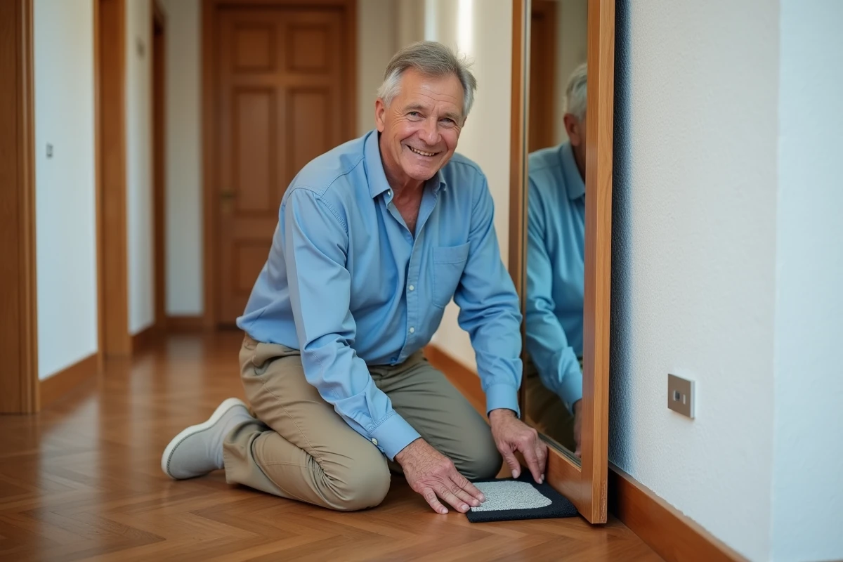 Homme appliquant des patins antidérapants au miroir dans un couloir