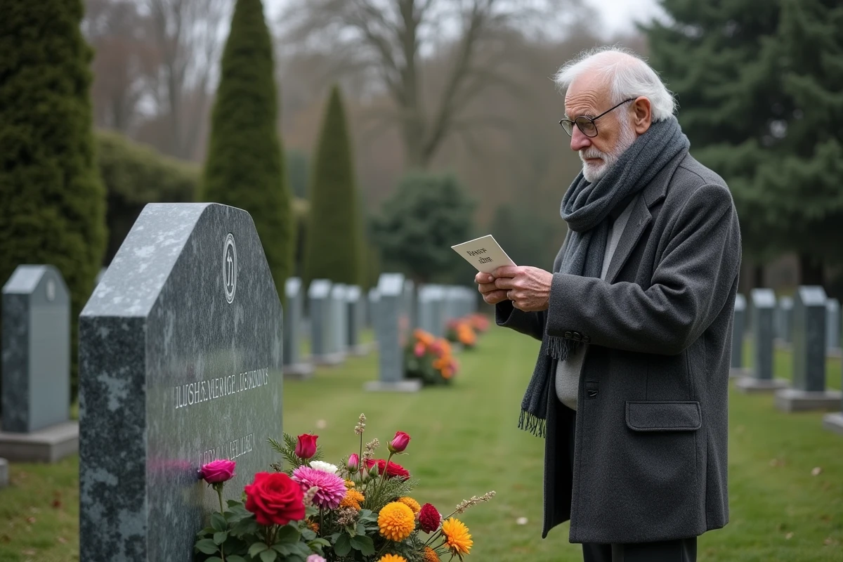 Homme regardant une tombe avec des fleurs fraîches