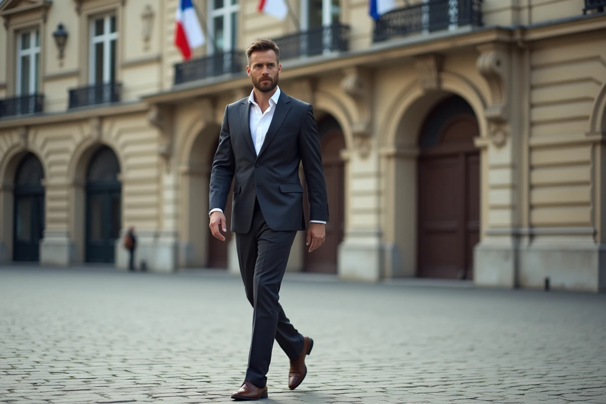 Homme en costume sombre traversant une place pavée devant un bâtiment institutionnel parisien, contexte politique français