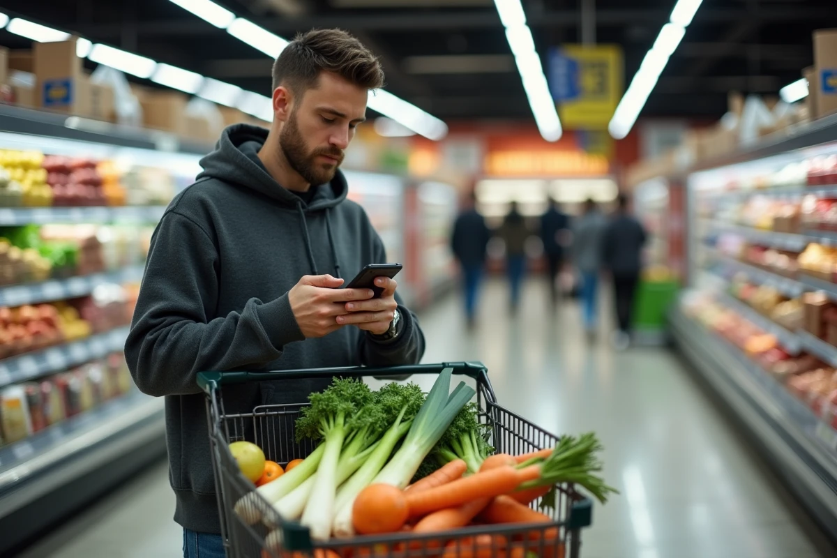 Homme faisant ses courses alimentaires au supermarché grâce aux aides de la CAF