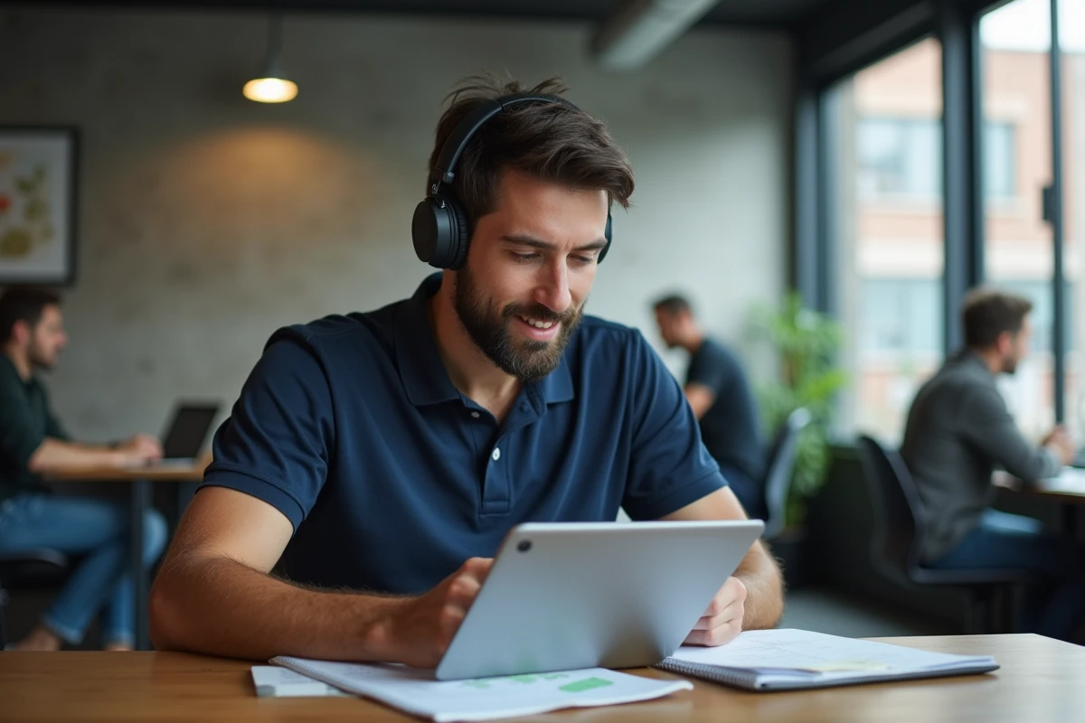 Jeune homme en espace de coworking suivant un tutoriel de compétences numériques sur une tablette avec des écouteurs