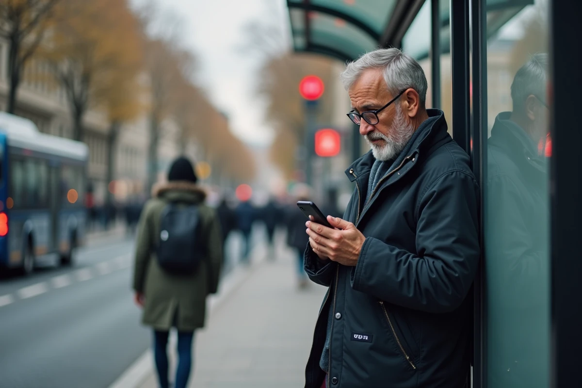 Homme français lisant un article de sante sur son smartphone dans la rue